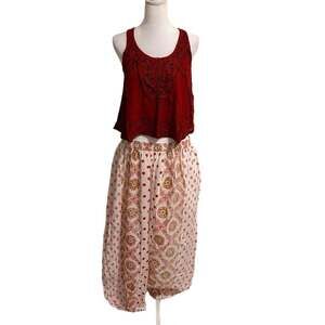Rhea Made in India 2 Pc Set Medium Red Embroidered Top Harem Pants Cotton